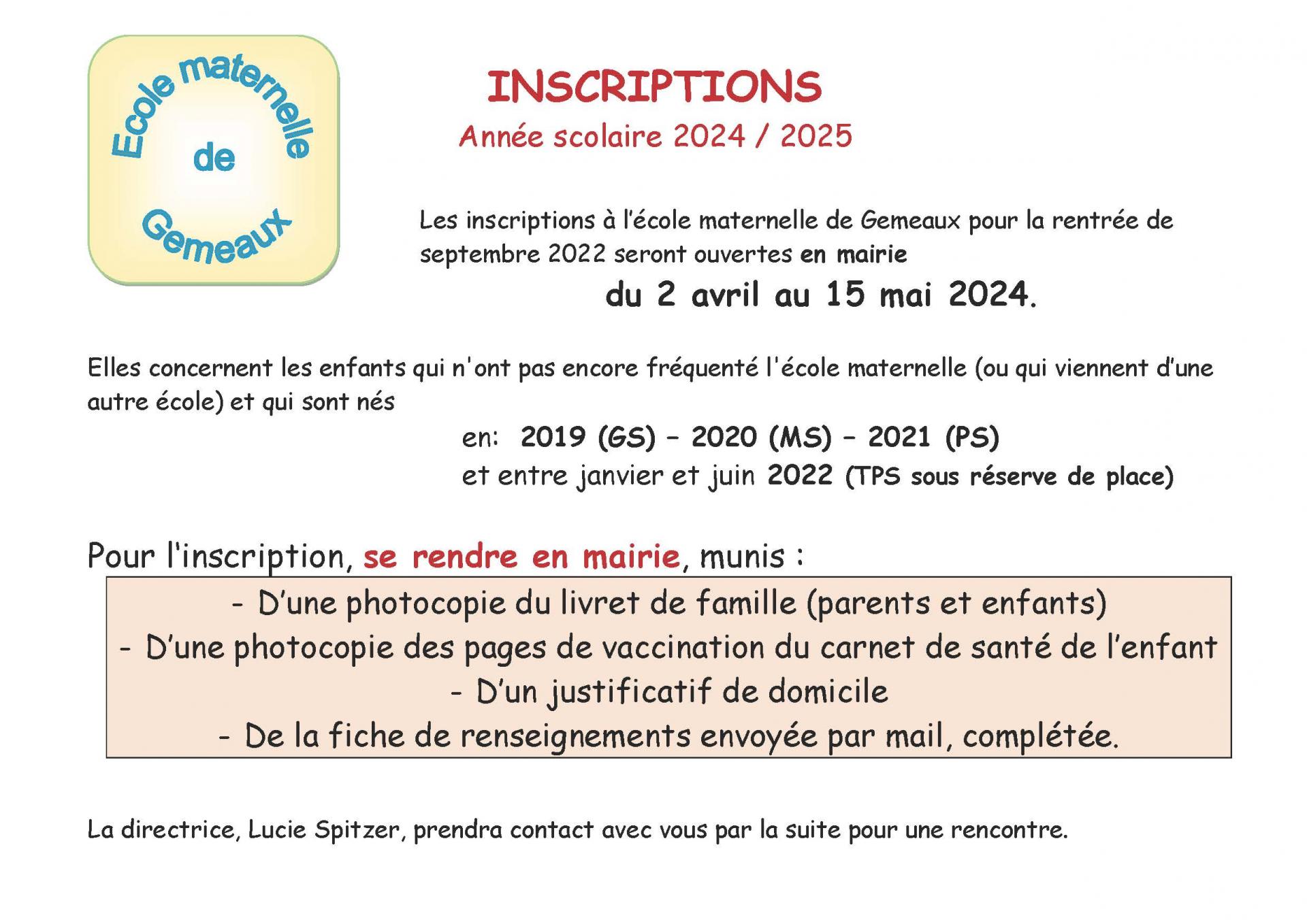 Inscriptions école maternelle