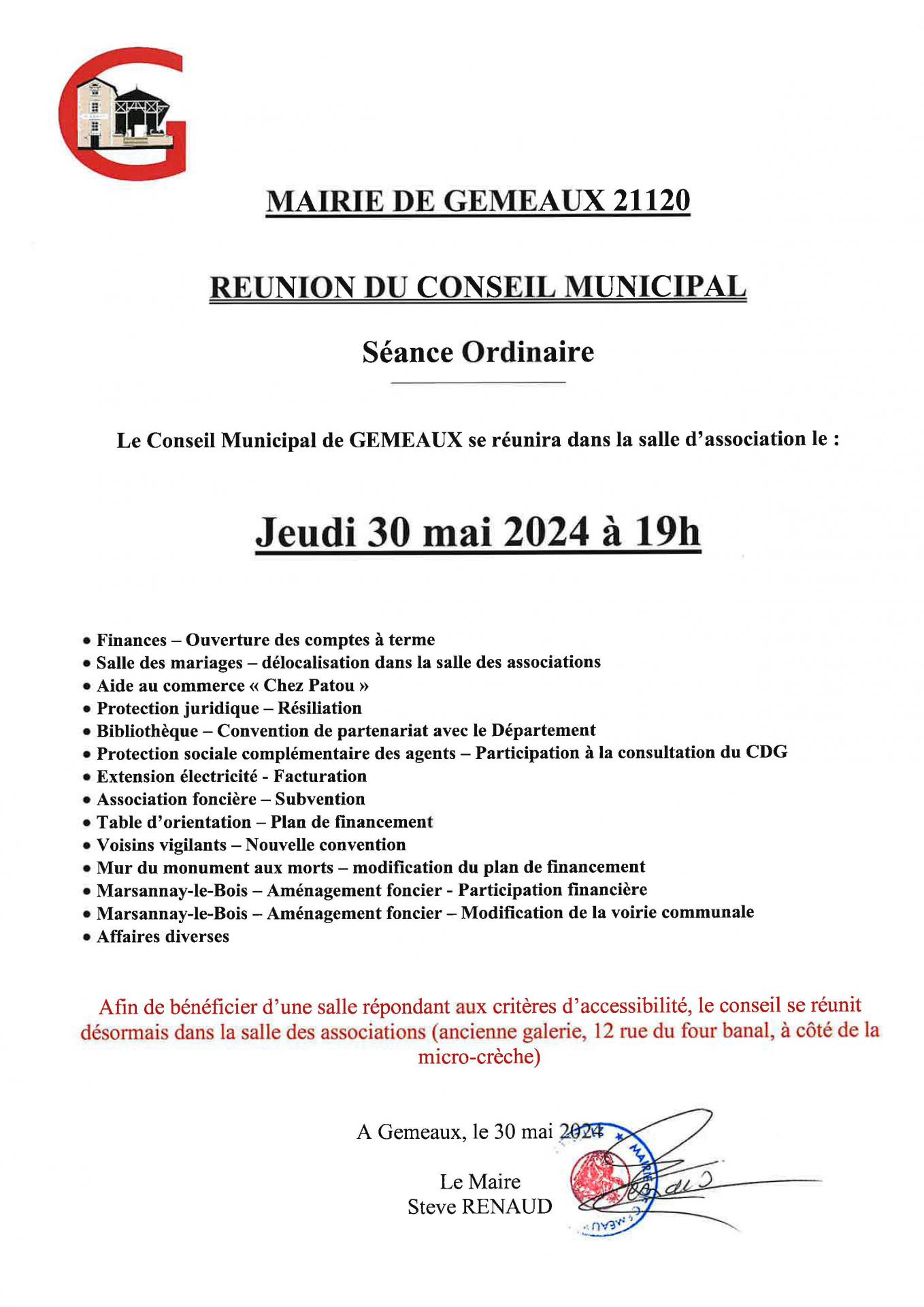 Conseil municipal du 30 mai 2024